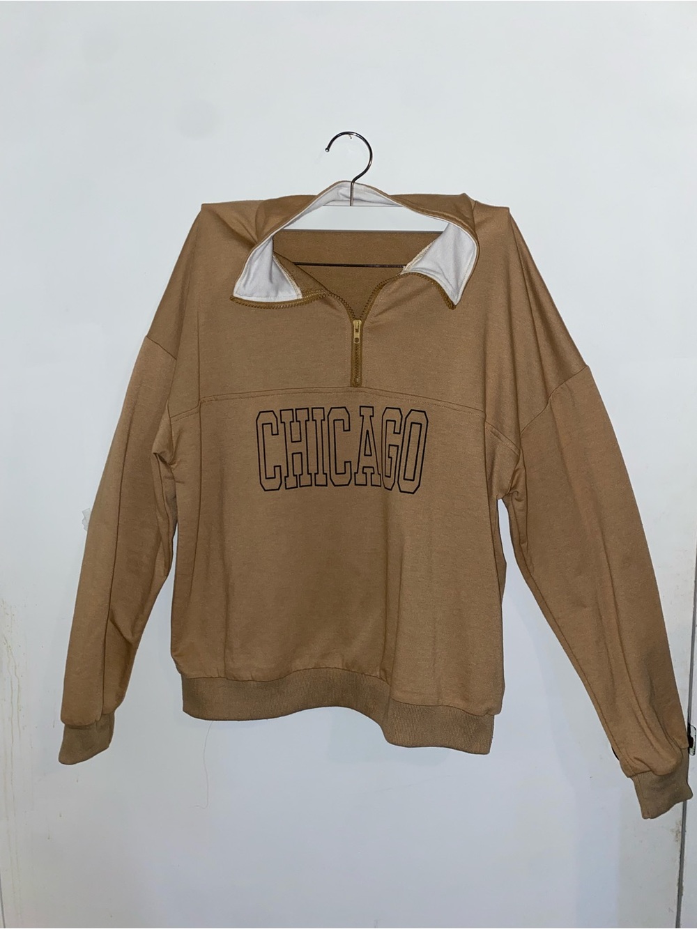 SHEIN Tan Half-Zip 'Chicago' Pullover Sweater